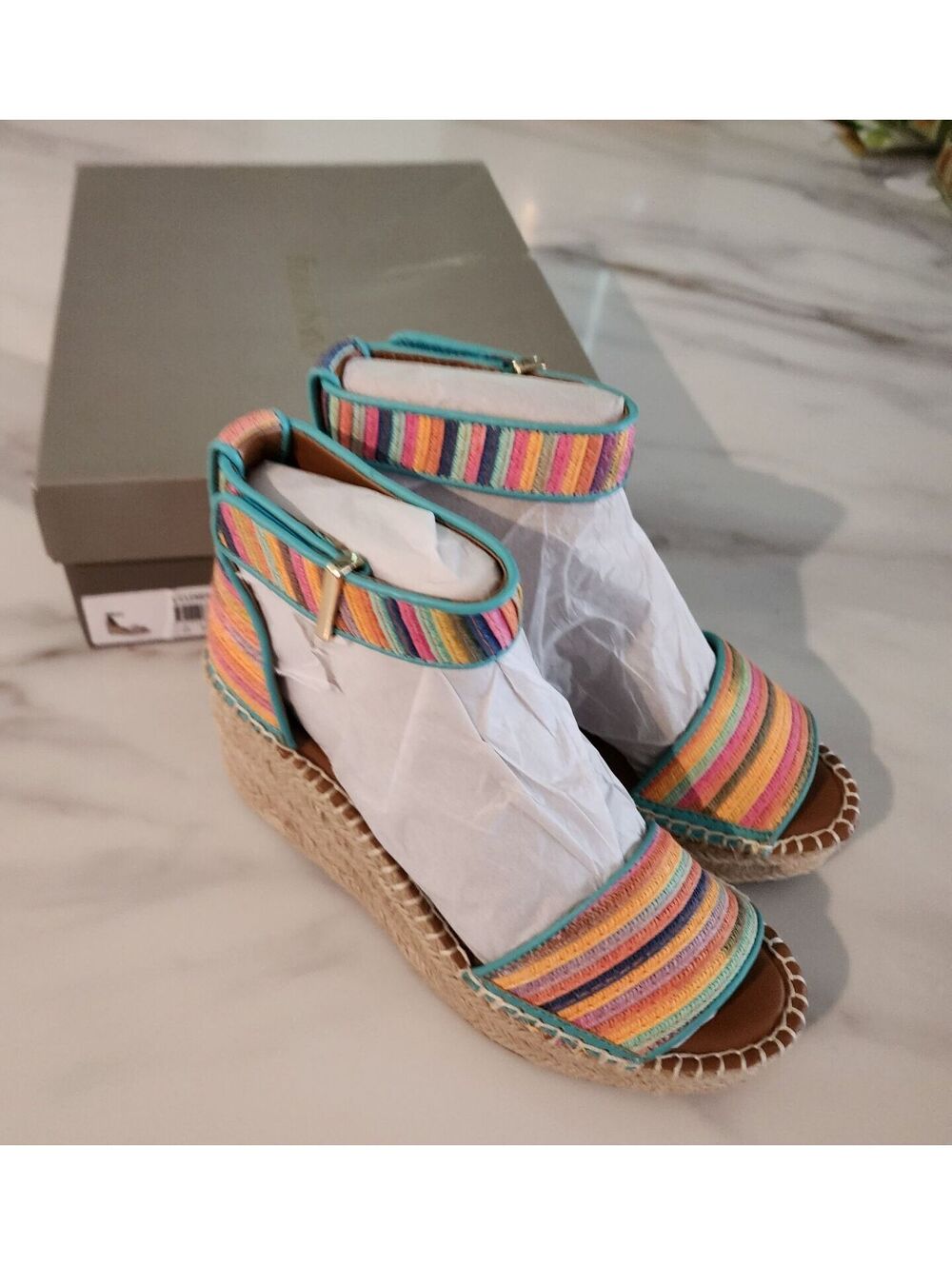 NIB Franco Sarto Clemens Espadrille Wedge Sandals Women’s 7 Rainbow Stripe